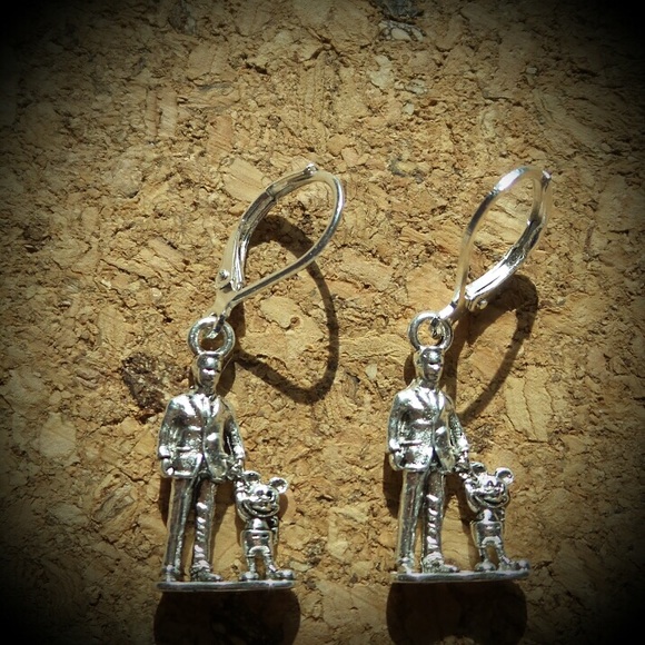 Man and Mouse holding Hands Silver Tone Earrings - Picture 7 of 9